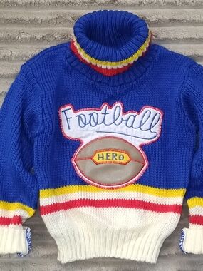 Vintage Small Stars Kids Unisex Blue Football Hero Patch Turtleneck Sweater 18 M